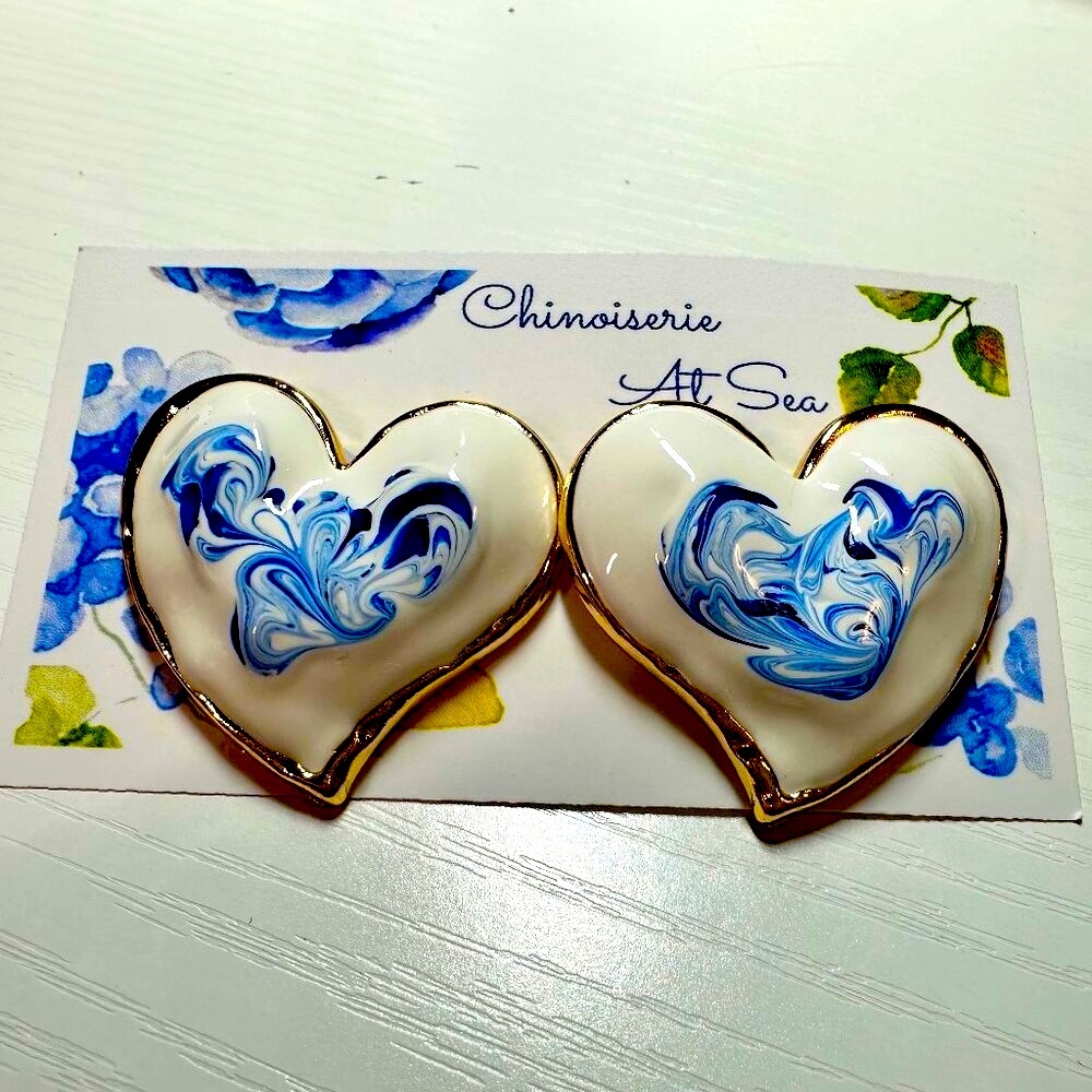 Blue and White Porcelain Post Earrings with Gold Trim-NIB